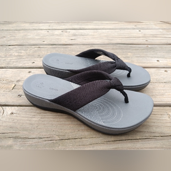 Clarks Cloudsteppers Arla Glison Fabric Wedge Sandal Black Flip Flops Size 11 - Picture 6 of 12